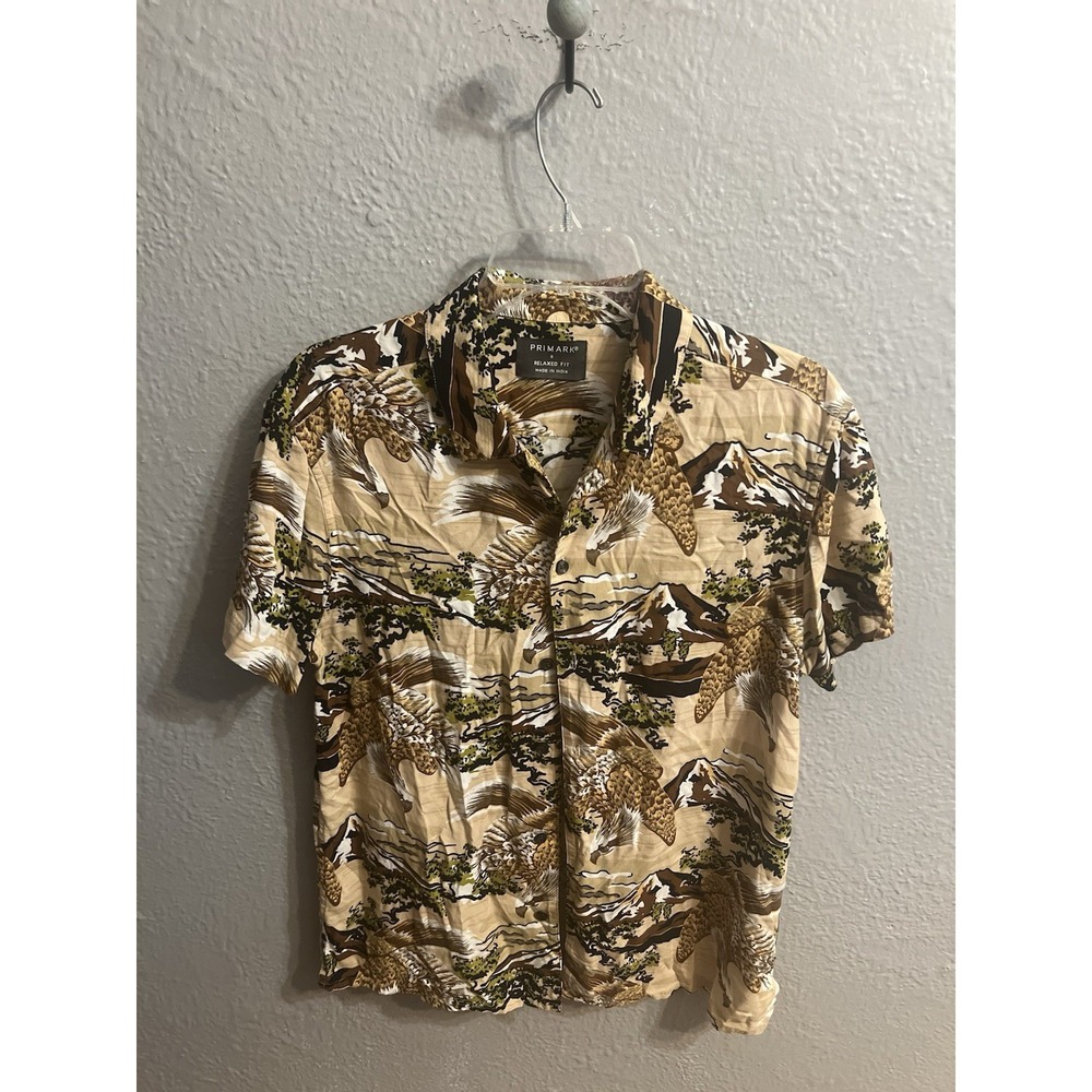 Primark‎ Tan Men Printed  Short Sleeve Shirt Size Small Relaxed Fit